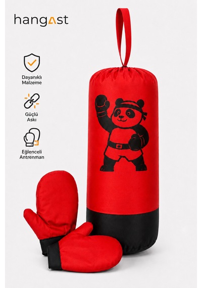 Çocuk Boks Seti Panda Desenli Asılabilir Boks Torbası Eldivenli Kırmızı