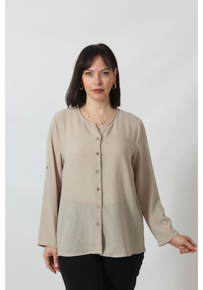 Moda Berray Tb-069 Keten Kolu Apoletli Sıfır Yaka Büyük Beden Taş Rengi Gömlek Bej