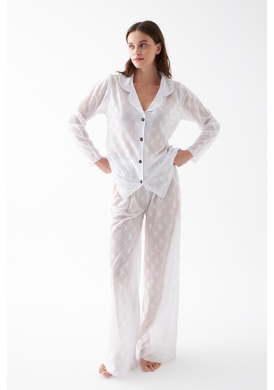 Akbeniz Kadın Beyaz Şeffaf Jakar Düğmeli Pijama Takımı