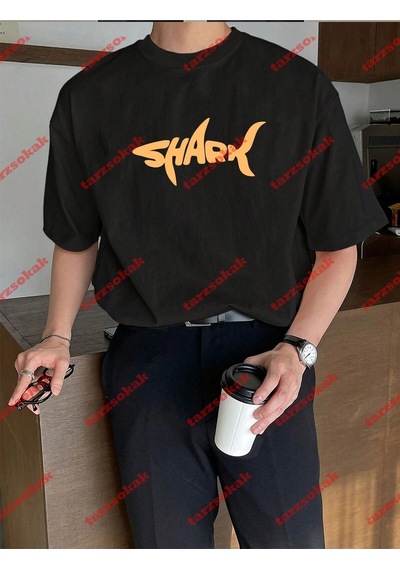 Startmore Unisex Shark Tasarım Tshirt Kısa Kollu Bisiklet Yaka T-shirt Siyah
