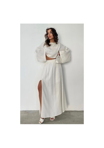 Unika Boutique Ham Keten Bohem Bluz Etek Takım beyaz