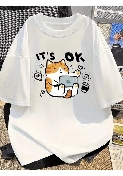 Tarzsokak It's Ok Cute Cute Cate Oversize Unisex Beyaz