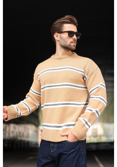 Madmext Camel Çizgili Triko Erkek Kazak E7457 CAMEL