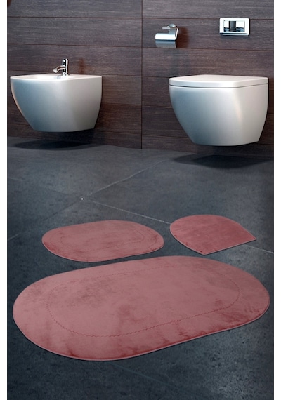 Bonny Home Rivora Pudra 3'lü Banyo Halısı Paspası Seti Kaymaz Taba Pudra