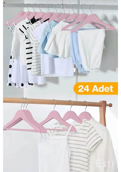 Esti 24 Adet - Ahşap Görünümlü Çocuk Ve Bebek Elbise ,kıyafet Askısı Pembe Kahverengi