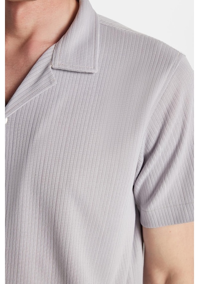 Tudors Erkek Slim Fit Yazlık Örme Dokulu Kısa Kollu Apaş Yaka Gri Gömlek-34775 Gri