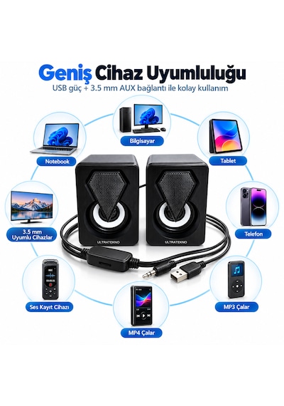 Ultratekno E-1046 Rgb 1+1 Kablolu Bilgisayar Hoparlörü 6w Usb 3.5mm Aux Pc Laptop Speaker