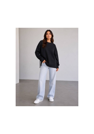 Herkesemoda Oversize/geniş Kalıp Yırtmaçlı Bisiklet Yaka Yumuşak Tuşeli Örme Sweatshirt Siyah