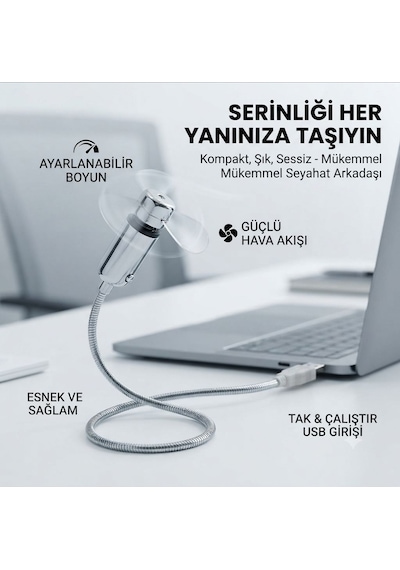 Usb Led Işıklı Mini Vantilatör Esnek Metal Gövde Masa Fanı Laptop, Powerbank Ve Adaptör Uyumlu-sl-uf02 Gri