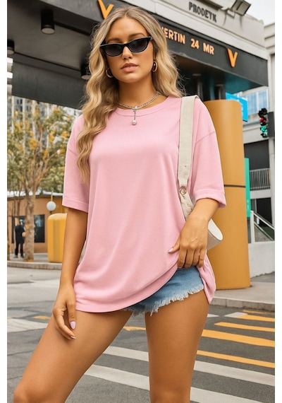 Düz Oversize Unisex Tişört Ycb3 Pembe