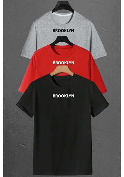 Brooklyn Baskılı Unisex Oversize 3'lü T-shirt Paketi Siyah