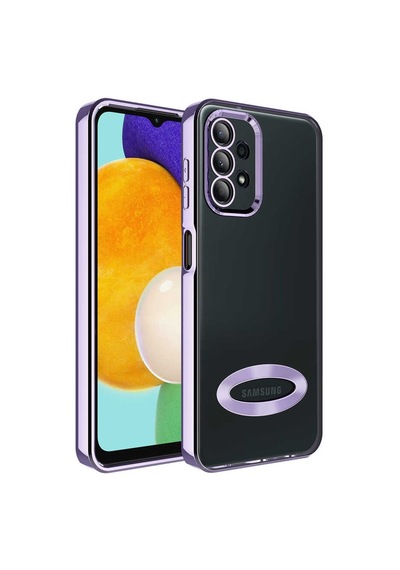 Samsung Galaxy Uyumlu A23 Kılıf Case, Şeffaf, Kamera Korumalı, Renkli Marka Logo Gösteren Tasarım
