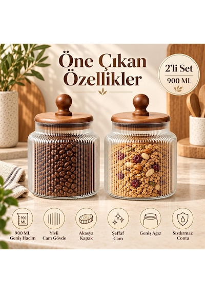 2'li 900 Ml Akasya Kapaklı Çizgili Cam Kavanoz Sızdırmaz Saklama Kabı Seti Çok Renkli