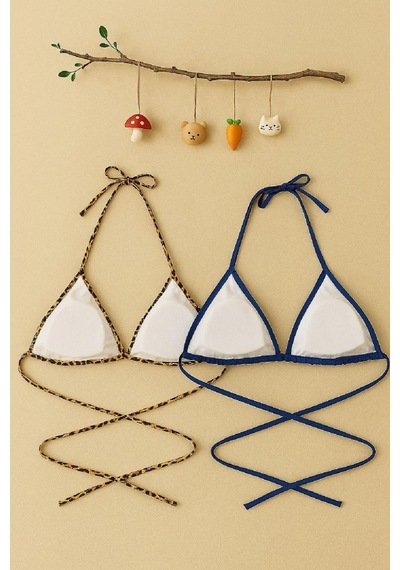 Kadın Leopar Desenli Ve Mavi Minimal Kesim Üçgen Bikini Üstü Çok Renkli