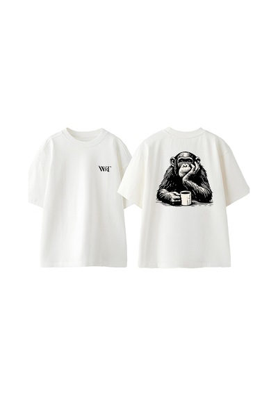 Thewert Monkey Coffee Tasarım Sırt Baskılı Pamuk Beyaz Oversize T-shirt