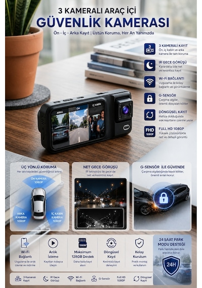 SN-38 Wİ-Fİ 3 Kameralı Araç Içi Kamera Full Hd 1080P Ön Arka Iç Kamera Ir Gece Görüşü G-Sensör Dashcam