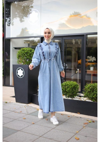 Harman Butik Kadın Fır Fırlı Belden Bağlamalı Denim Kot Elbise Kotmavi Kotmavi