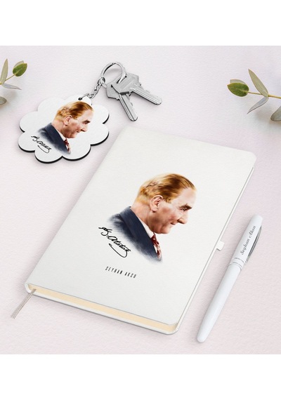Kişiye Özel Atatürk Temalı Beyaz Defter Kalem ve Anahtarlık N11.2015 Beyaz