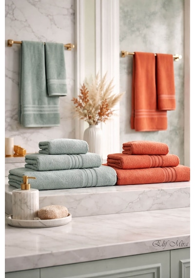 6 Parça Banyo Havlusu Seti Pamuklu 70x140 cm Serenio Mint-kiremit