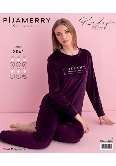 Pijamerry Kadın Kışlık Bisiklet Yaka Kadife Pijama Takımı 3041m - 1 Adet Mor