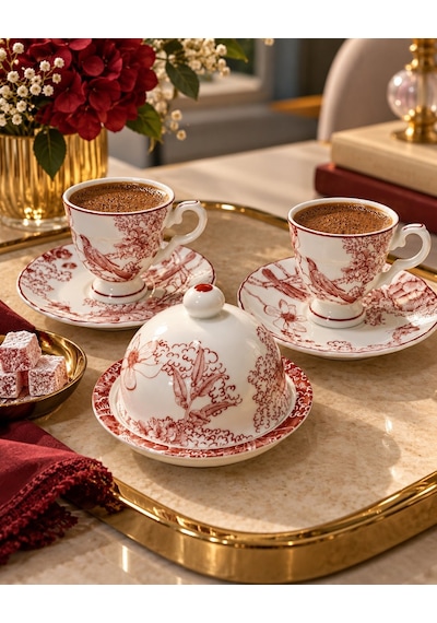 Özel Hediye Kutulu 2li Kahve Fincanı Ve Lokumluk Seti 90ml. Toile Çok  Renkli