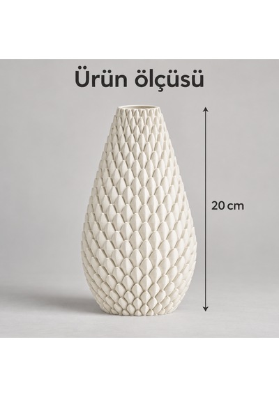 Kabartma Desenli Dekoratif Vazo 20 Cm Modern Tasarım Krem