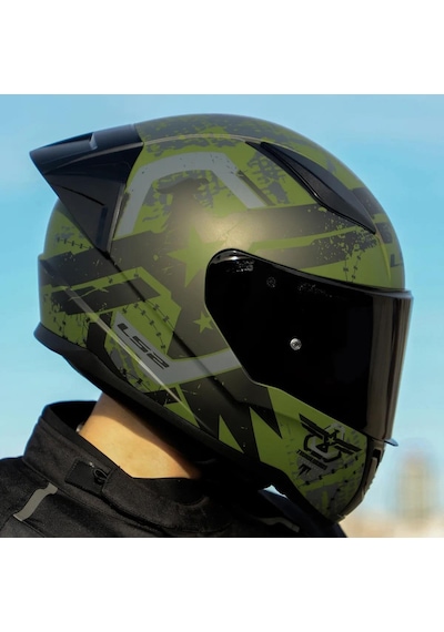 Siyah Vizörlü + Yarış Spoiler + Ls2 Rapid 2 Thunder Birs Race Kapalı Motosiklet Kaskı Mat Yeşil - Siyah