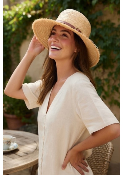 Mollycrush Kadın Camel Suni Deri Kemer Detaylı Plaj Şapkası Geniş Kenarlı Trend Model Kahverengi