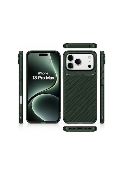 Apple İphone 18 Pro İle Uyumlu Karbon Tasarım Silikon Telefon Kılıfı Ve Temperli Cam Ekran Koruyucu Koyu Yeşil