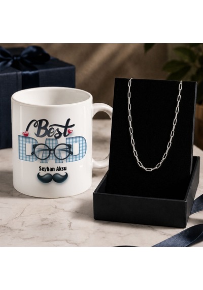Bk Gift Kişiye Özel Babalar Günü Tasarımlı Beyaz Kupa & Ataç Zincir Kolye -7, Babalar Günü Hediyesi Gümüş