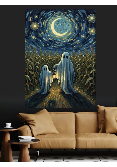 Ahşap Tablo Van Gogh Tarzı Yıldızlı Gecede Hayaletler İllüstrasyonu