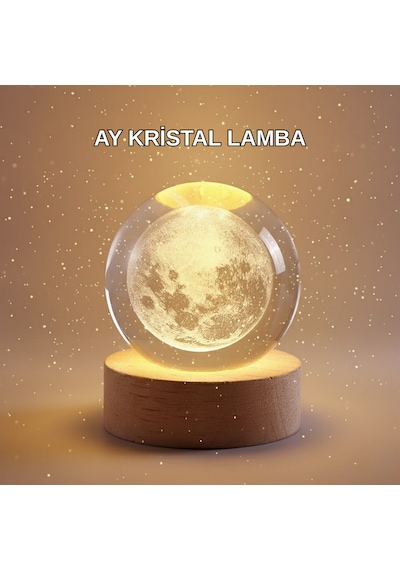 Cosmotex 8 Cm Ay Desenli Kristal Küre Sıcak Led Işıklı Ahşap Tabanlı Oda Lambası