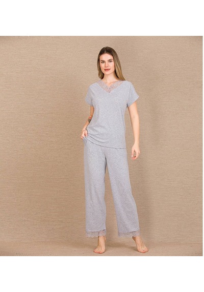 Findit Viskon Şık Tasarım Dantel İşlemeli Gri Kısa Kol Pijama Takımı