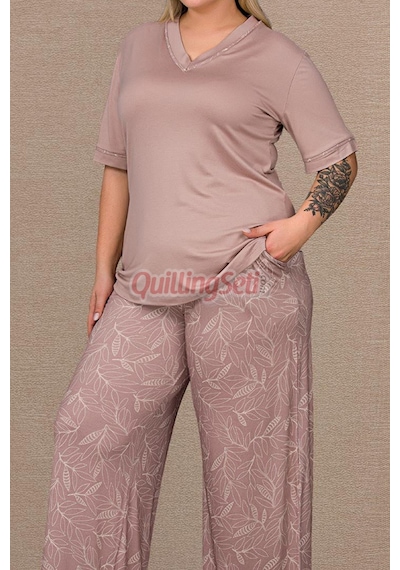 Lady Pudra Renk Çiçek Desenli 11067 Kısa Kol Kadın Büyük Beden Anne Pijama Takımı