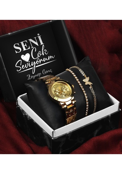 Sevgililer Gününe Özel Kişiye Özel Kutulu Gold Metal Kordon Saat & Kelebek Bileklik & Zirkon Taşlı Bileklik Seti