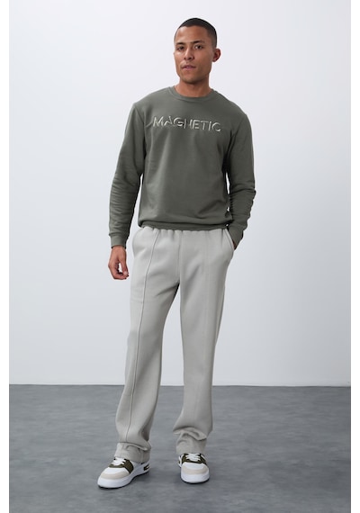 Tommy Life Çağla Yazı Nakışlı O Yaka Rahat Form İçi Polarlı Erkek Sweatshirt - 88020 Çağla