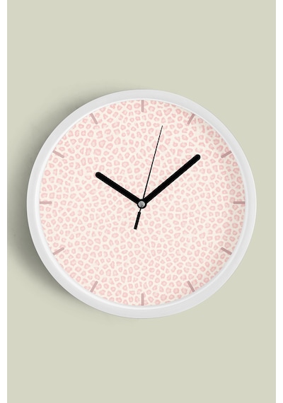 Pembe Leopar Desenli Modern Duvar Saati - 42cm - Önü Camlı Beyaz Kasa - Sessiz Mekanizma Beyaz