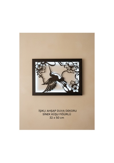 Ahşap Işıklı Duvar Dekoru Sinek Kuşu Figürlü Tablo 50x32 Cm