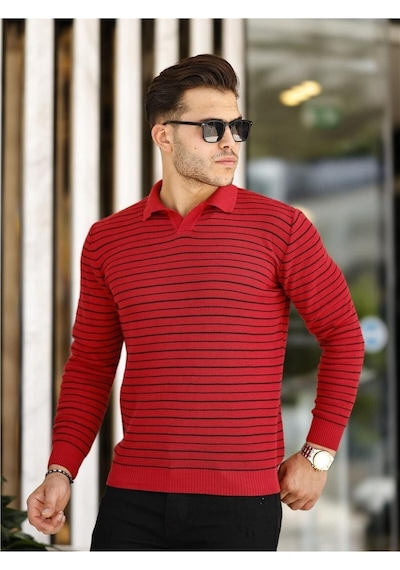 Bordo Erkek Slim Fit Polo Yaka Patlı Triko Kazak-trz19132r01s Bordo