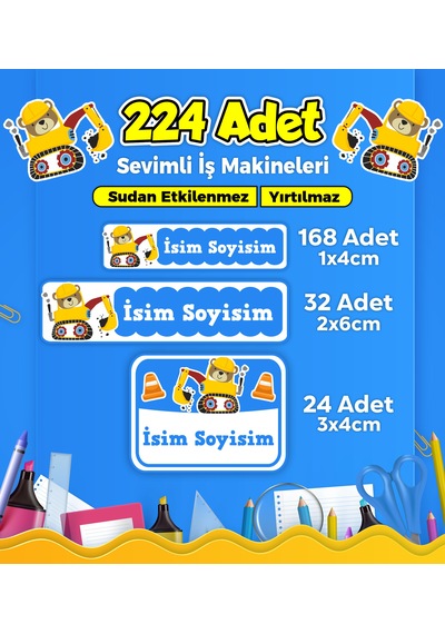 İş Makineleri Temalı Okul Kreş Kişiye Özel İsim Etiket Seti - Model 263 Çok Renkli