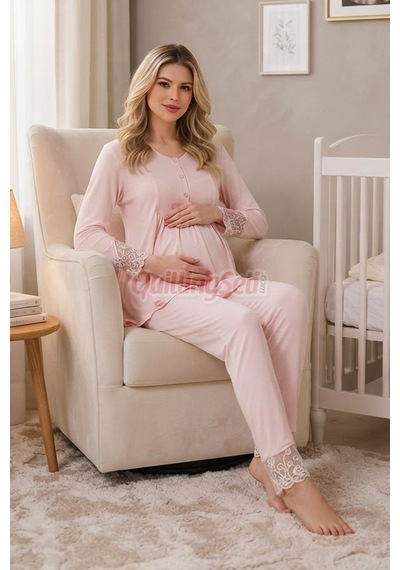 Quilling Lady Bebe Pembe Renkli Dantel Detaylı, 33204 Uzun Kol, 2 Parça Lohusa Hamile Pijama Takımı Açık Pembe M - L