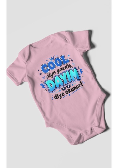 Morivokids Cool Diye Yazılır Dayım Diye Okunur Kısa Kollu Bebek Body %100 Pamuk Koyu Pembe