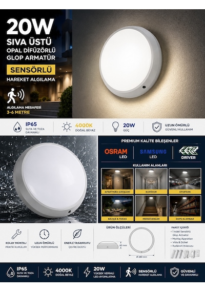 Gecem 20w 4000k Ip65 Sensörlü Sıva Üstü Opal Difüzörlü Led Glop Armatür Ilık Beyaz