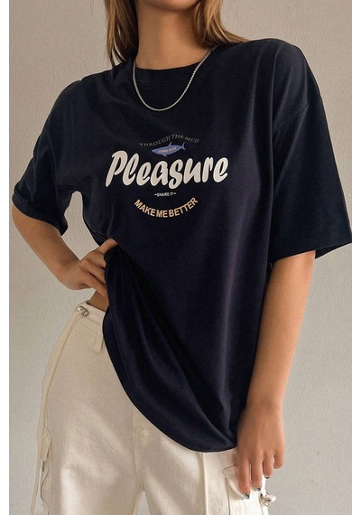 Uyguntarz Unisex Pleasure Baskılı Oversize Tshirt Lacivert