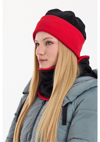 Butikgiz Kadın Dış Kısım Polar, İç Kısım Kaşkorse Pamuklu, Çift Renk, Çift Kat, Katlanabilir Bere Boyunluk Set Siyah-kırmızı
