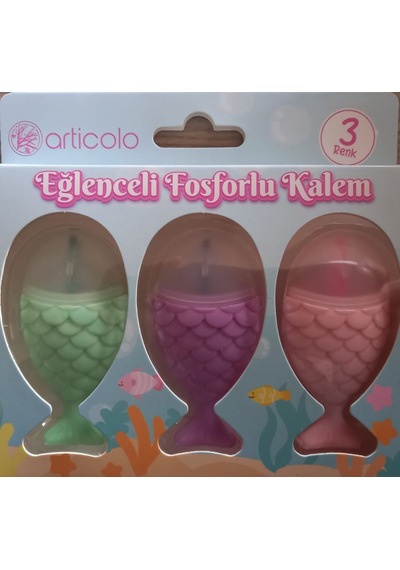 Eğlenceli Fosforlu Kalem Balık Figürlü 3 Renk Set Çok Renkli