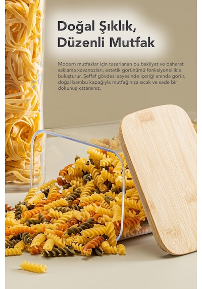 6'lı Bambu Kapak Aura Dikdörtgen Saklama Kabı - Vakum Kapaklı Hava Almaz Bakliyat Un Kabı 3100 Ml Bej