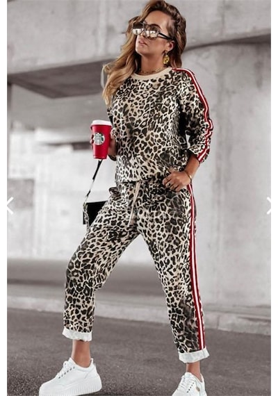 Dip Moda Kadın Leopar Desenli Çizgi Detaylı Takım Dpnbasp7233 Bej