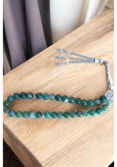 Yeşil Akik Tesbih 33' Lük Tesbih Orijinal Doğal Taş Büyük Boy Akik Taşı 10 Mm Yeşil Yeşil