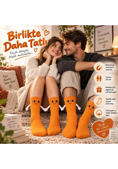 Womanandkids Wak Mıknatıslı El Ele 2'li Unisex Tutuşan Sevimli Çorap 36-44 Çift Hediyesi, Pamuklu Renkli Crew M Turuncu